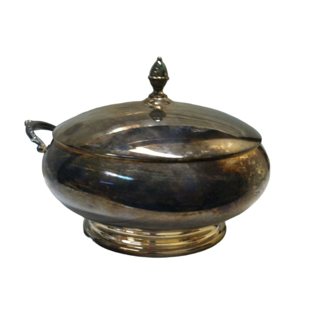 Round Silverplate Lidded Dish - 2 handles but one is off (but included)